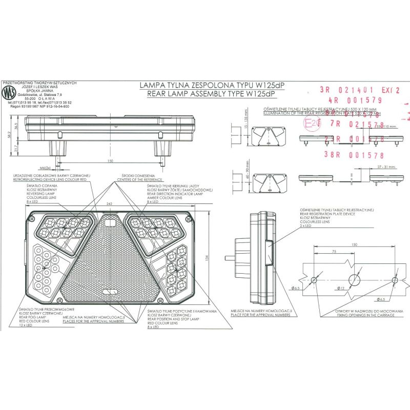 LAMPA TYLNA ZESP. 5-SEGM. PRAWA, DIODOWA Z PRZEWODEM 200CM, BEZ ŚWIATŁA PRZECIWM.-347602464