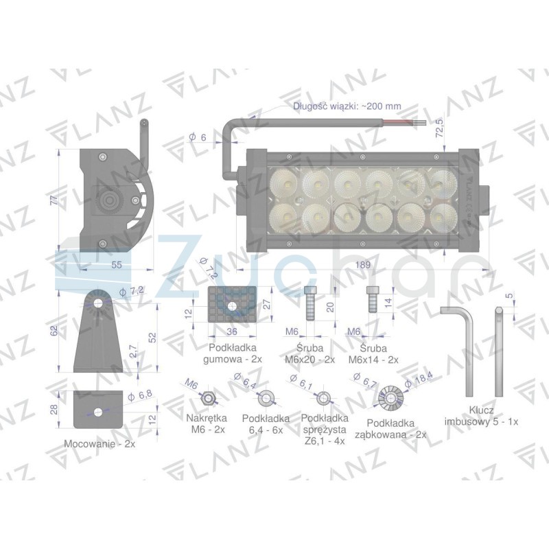 Lampa robocza prostokątna 36W 12 LED GLANZ