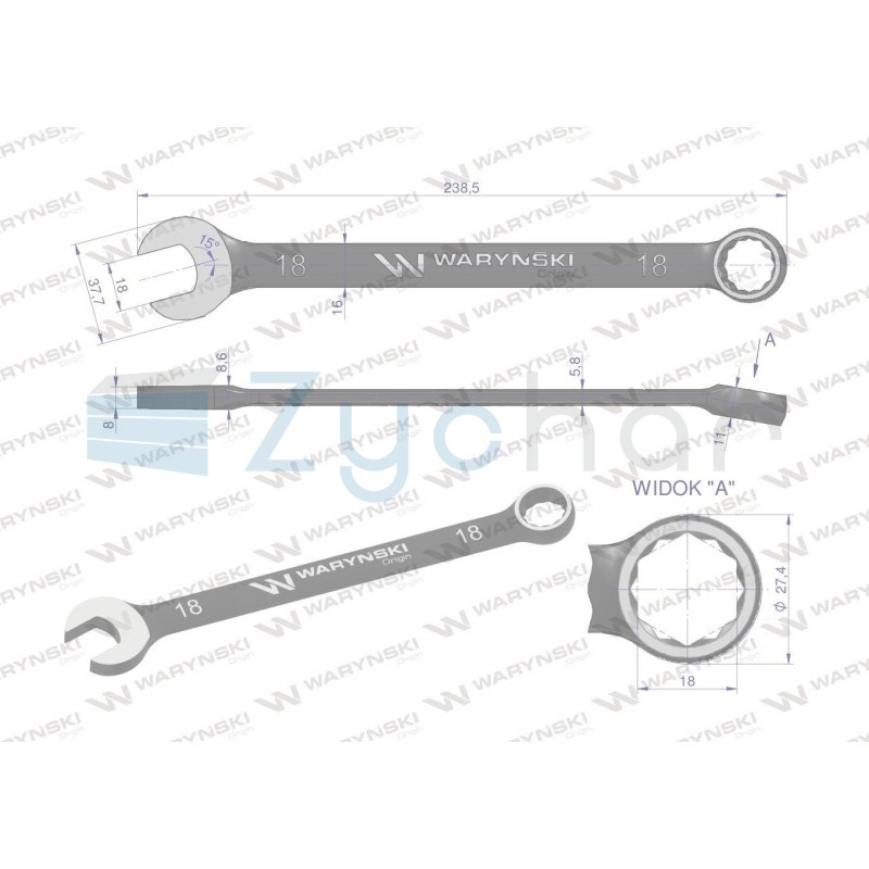 Klucz płasko-oczkowy 18 mm. CrV standard ASME B10