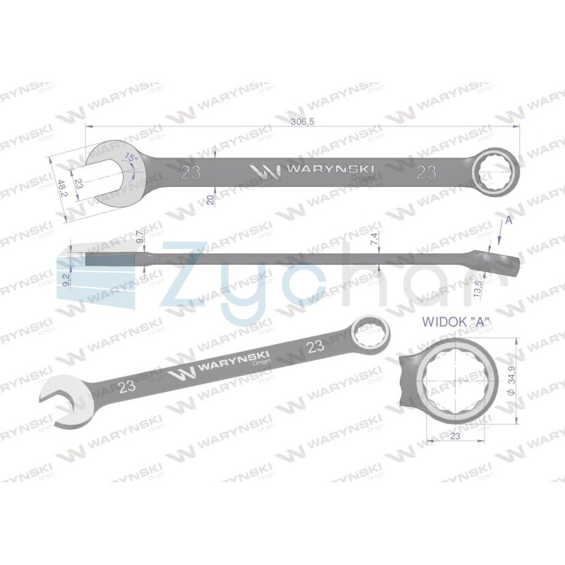 Klucz płasko-oczkowy 23 mm. CrV standard ASME B107