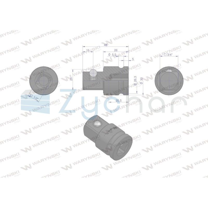 Adapter do nasadek udarowych 12 (F) x 34 (M). Cr