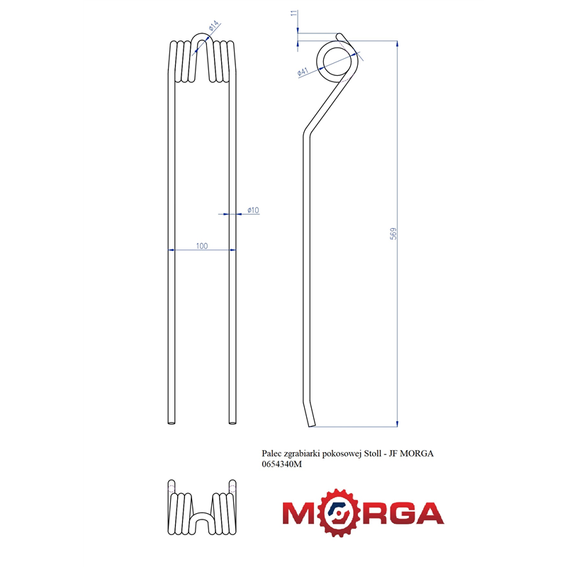 Palec ząb przetrząsaczo - zgrabiarki pokosowej Stoll - JF 0654340 FI-10mm L-580mm malowany proszkowo MORG-347513473