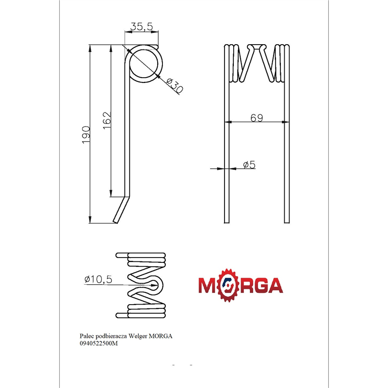 Palec ząb podbieracza FI-5mm L-190mm Welger 0940522500 malowany proszkowo MORGA-347508522