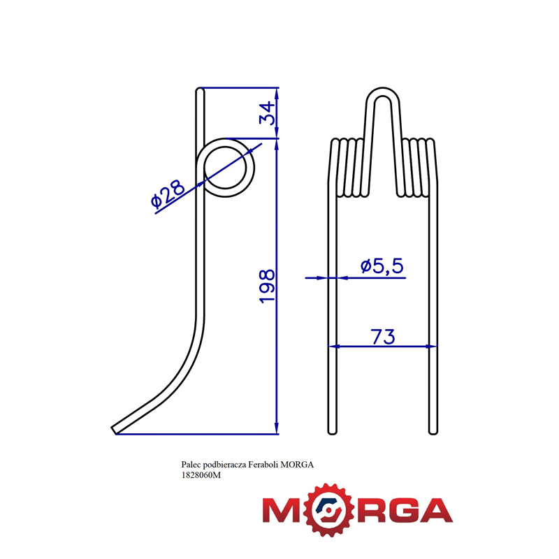 Palec ząb podbieracza Feraboli 1828060 FI-5,5mm L-200mm malowany proszkowo MORGA-347513523