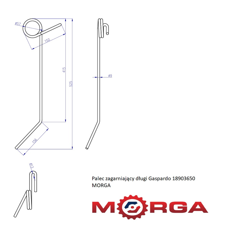Palec zagarniający siewnika długi 490mm Gaspardo 18903650 malowany proszkowo MORGA-347513448