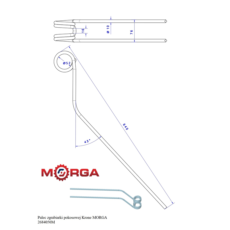 Palec ząb przetrząsaczo - zgrabiarki pokosowej 268405.0 Krone FI-10mm L-640mm malowany proszkowo MORGA-347509332