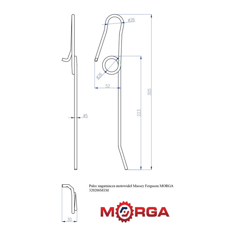 Palec ząb nagarniacza motowideł Massey Ferguson FI-5mm L-305mm malowane proszkowo MORGA-347509756