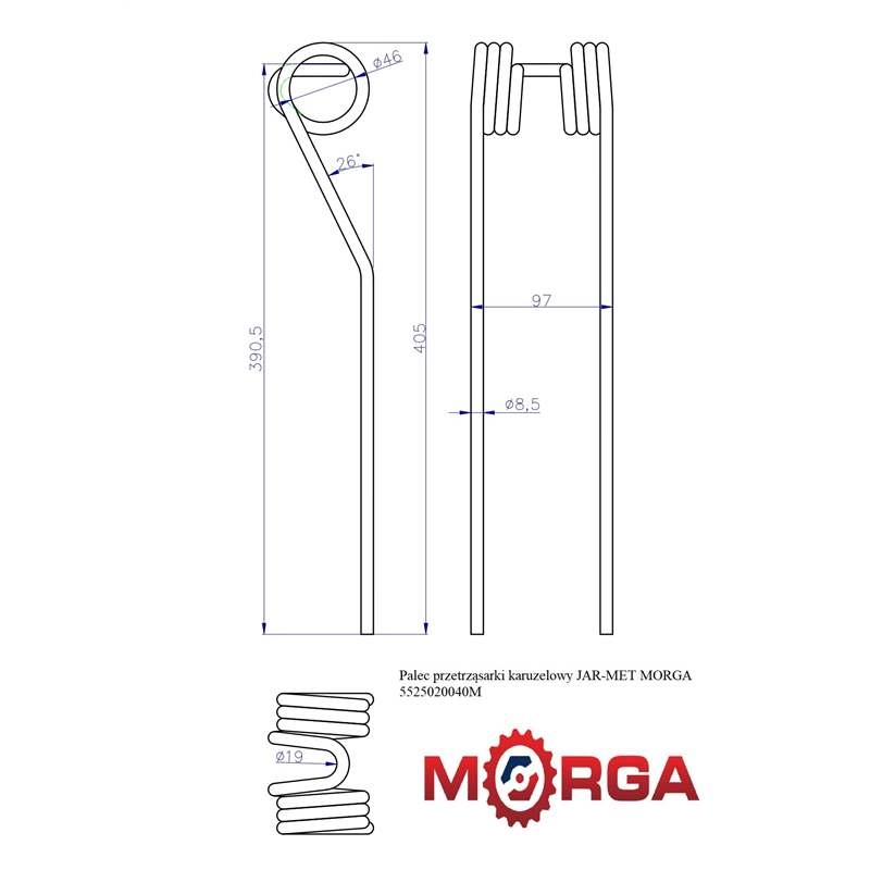 Palec ząb przetrząsaczo - zgrabiarki karuzelowej FI-8,5mm DŁ-400mm 4-zwoje JAR-MET malowany proszkowo MORGA-347509408