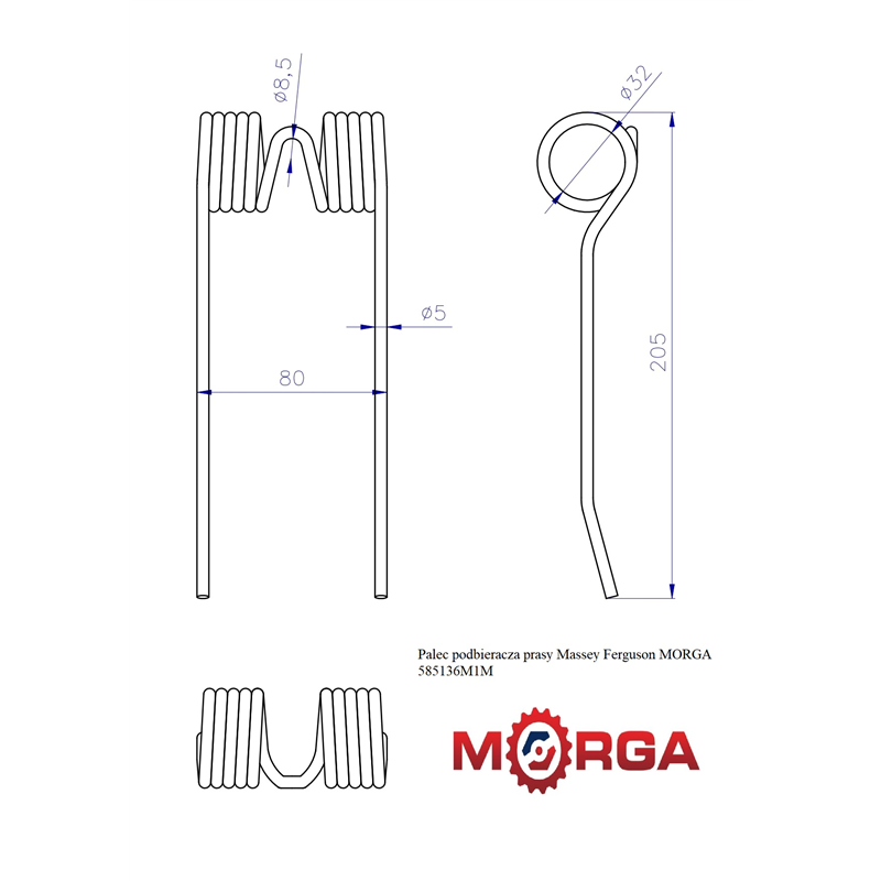 Palec ząb podbieracza prasy Massey Ferguson 585136M1 FI-5mm L-198mm malowany proszkowo MORGA-347513391