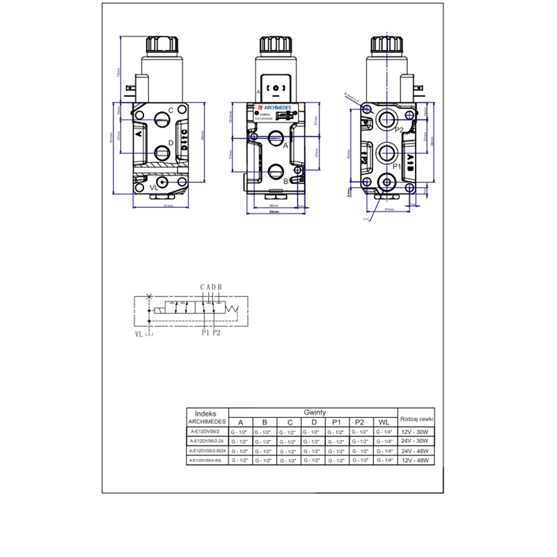 Dzielnik zawór elektrozawór kierunkowy elektromagnetyczny kontroli W-E12DVS6/2 (DVS6/50L) G1/2" 50L Archimedes-347501243