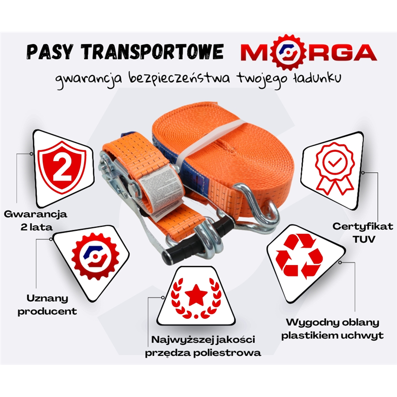 Pas transportowy 5T 10m szer. 50mm komplet z klamrą z gumową okładziną 230mm z atestem, standard MORGA-347516514