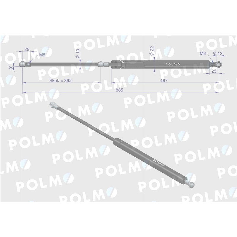 Siłownik maski L max. 885mm 65415047 MASSEY FERGUSON POLMO-347451084
