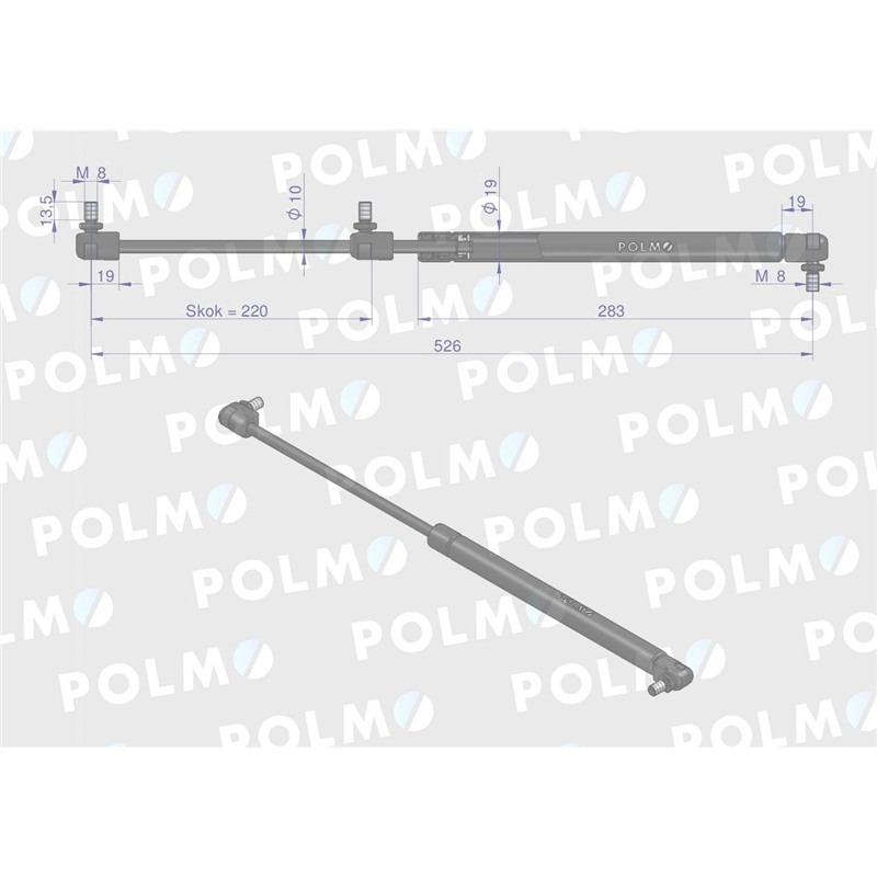 Siłownik L max. 526mm 4274843M1P MASSEY FERGUSON POLMO-347451040