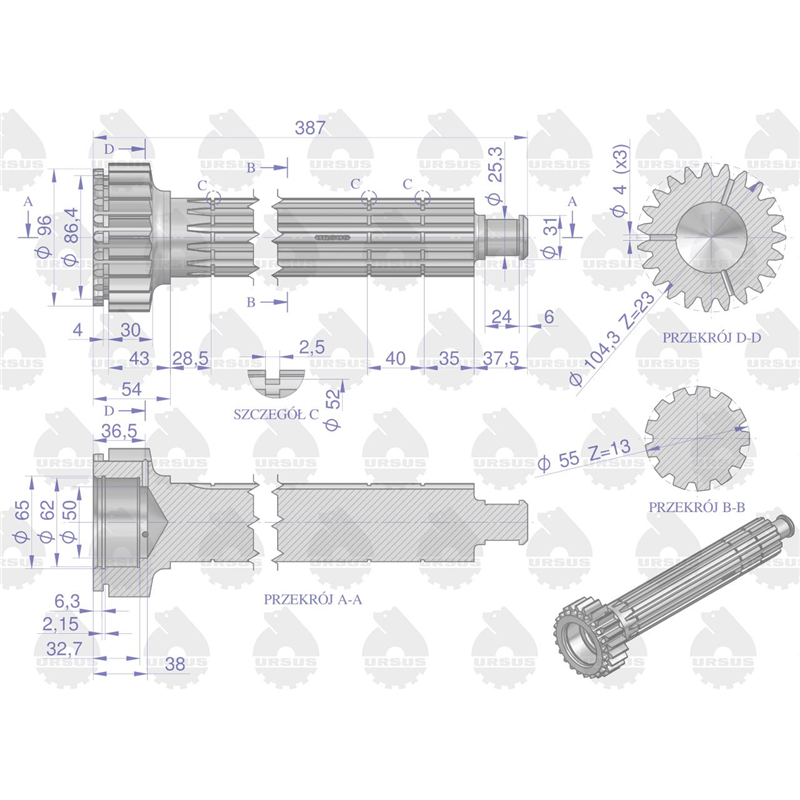 Wałek główny (nowy typ - z grzybkiem) C-360 ORYGINAŁ URSUS-347873663